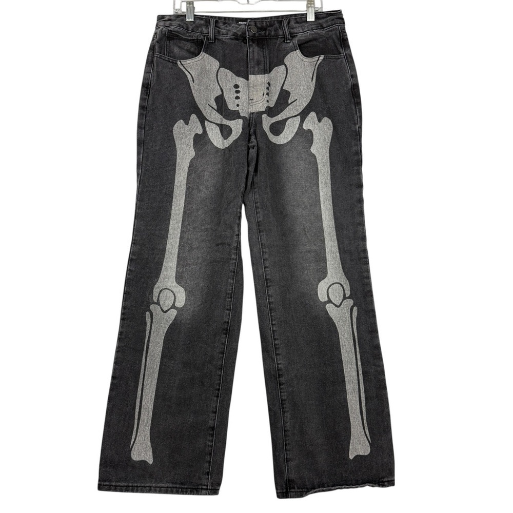 Dolls Kill Bones Skeleton Graphic Grey Denim Jeans